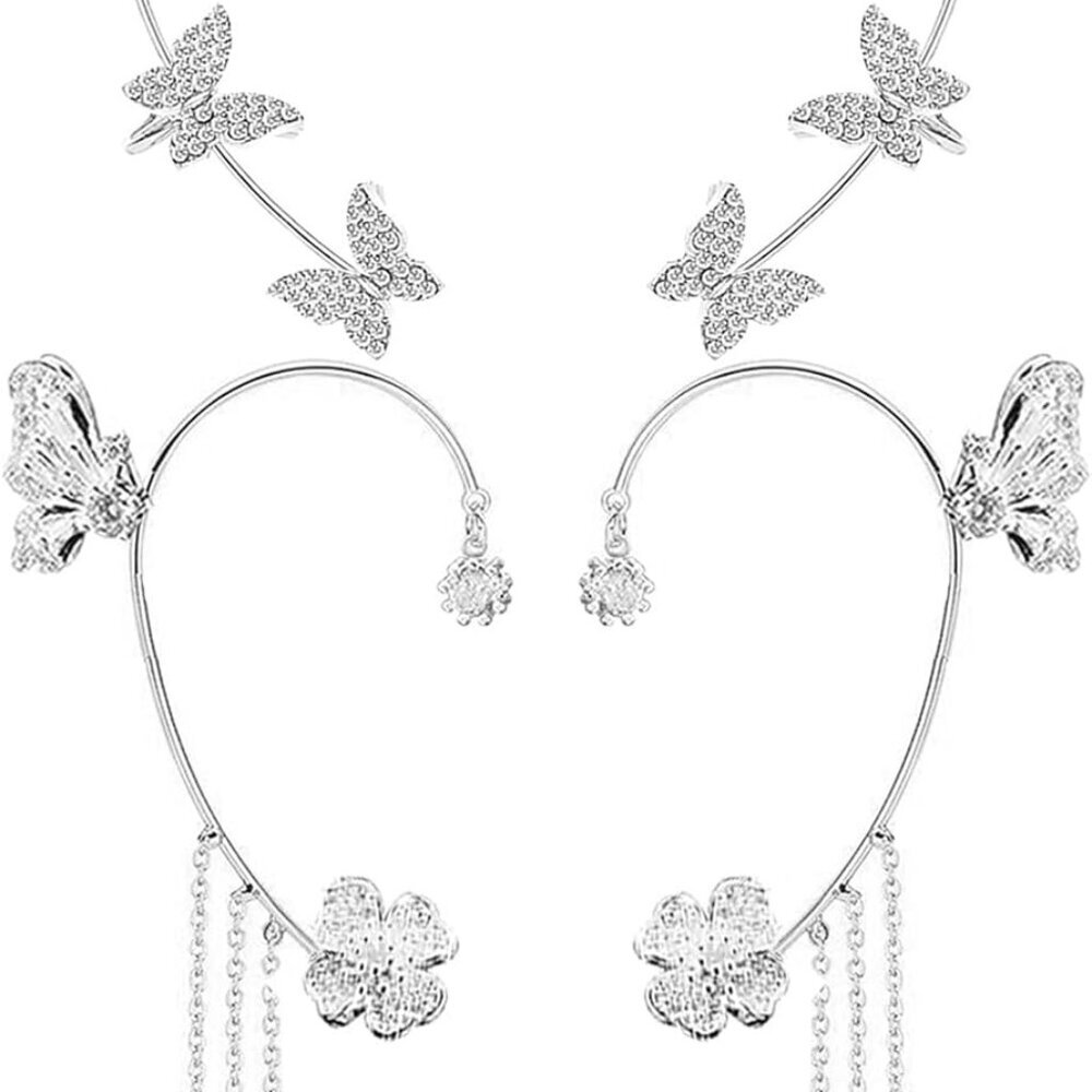 2 Pairs Dainty Silver Butterfly Ear Cuffs & Wraps for Women Non Piercing Bling B